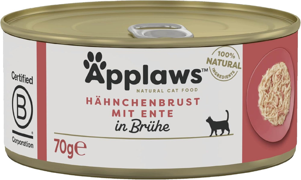 Applaws Premium Natural Hrană Umedă pentru Pisici, Pui cu Rață în Supă, Conservă 70g (24x70g)