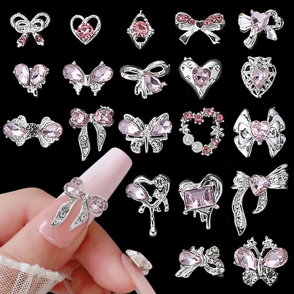 Luxus Rosa Diamant Nagel Charms 3D Butterfly Nail Art Charms Bow Nail Charms Y2K Heart Charms Nägel Zubehör Schmetterling Herz Schleife Nageldesign Edelsteine Strasssteine Glitzersteine Nagelschmuck