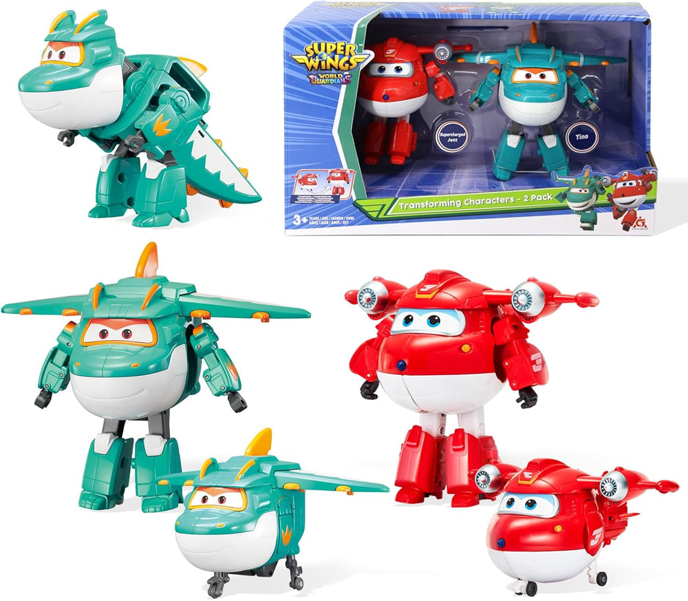 Super Wings 5" transformující postavy 2-balení Transformující přeplňovaný Jett + Tino Transformer Hračka pro chlapce a dívky Věk 3+ Červené akční figurky Naty Shop Jett Tino