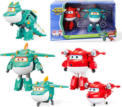Super Wings 5" transformující postavy 2-balení Transformující přeplňovaný Jett + Tino Transformer Hračka pro chlapce a dívky Věk 3+ Červené akční figurky Naty Shop Jett Tino