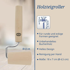 Dr. Oetker Teigroller aus Holz – Teigrolle aus high quality Buchenholz – Perfekt für round und eckige Formen – cca. 18 x 7 cm, Rolle Durchmesser ca. 4,5 cm