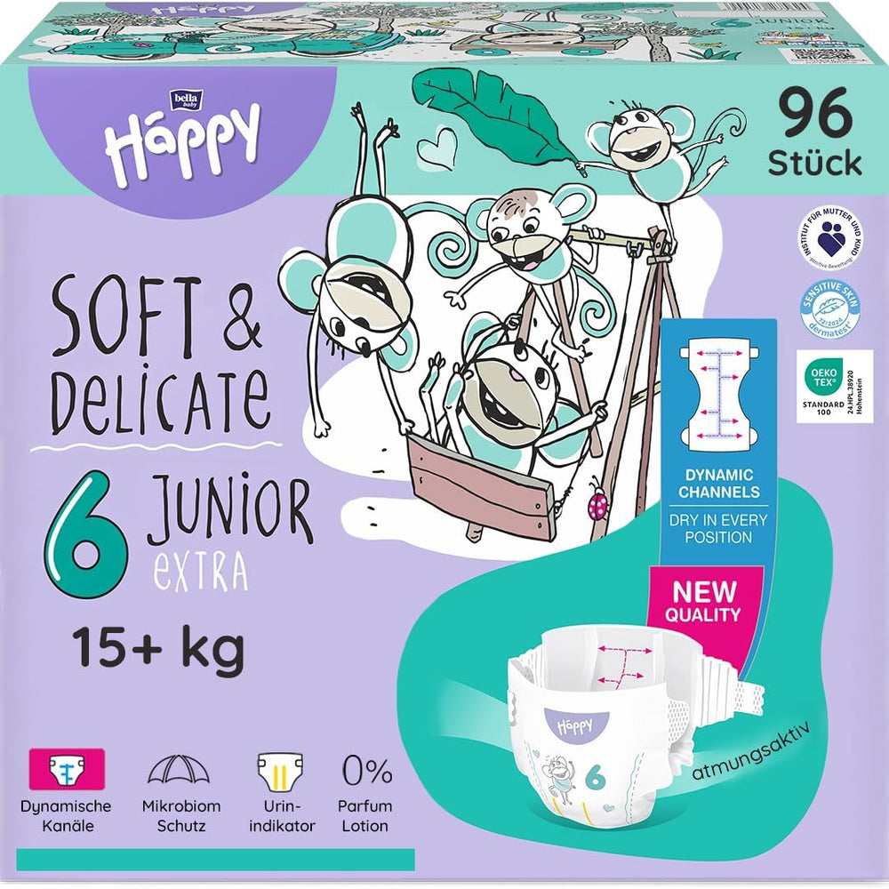 Plenky Bella Baby Happy Premium, velikost 6, Junior Extra, 15+ kg, 96 kusů, pečeť DERMATEST a OEKO-TEX, Jednorázové dětské plenky