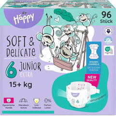 Plenky Bella Baby Happy Premium, velikost 6, Junior Extra, 15+ kg, 96 kusů, pečeť DERMATEST a OEKO-TEX, Jednorázové dětské plenky