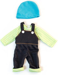 Miniland Set Puppenkleidung 32cm, girgeltes T-Shirt with Latzhose und Mütze, Übergangszeit