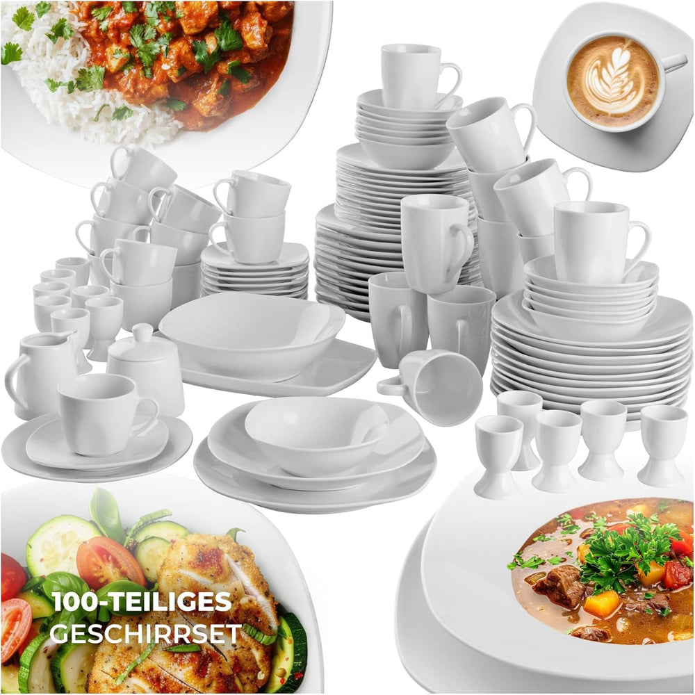 Set de veselă tectake® pentru 12 persoane, set de veselă din porțelan cu 100 de piese, inclusiv 12 farfurii, 12 farfurii de desert, 12 farfurii de sumă, 12 cești, 12 boluri pentru cereale, bol pentru salată, ulcior de lapte, zaharniță
