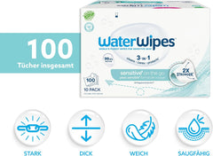 Vlhčené ubrousky WaterWipes Sensitive+ On The Go, 100 ubrousků (10 balení), 3 v 1 čistí, pečuje, chrání, 99,9 % vody, ubrousky bez parfemace