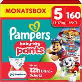Pampers Baby Dry Pants Diaper Patrol Puppy Edition, velikost 5, plenky 160, 11 kg - 17 kg, nastavení 360° se zarážkou a ochranným systémem