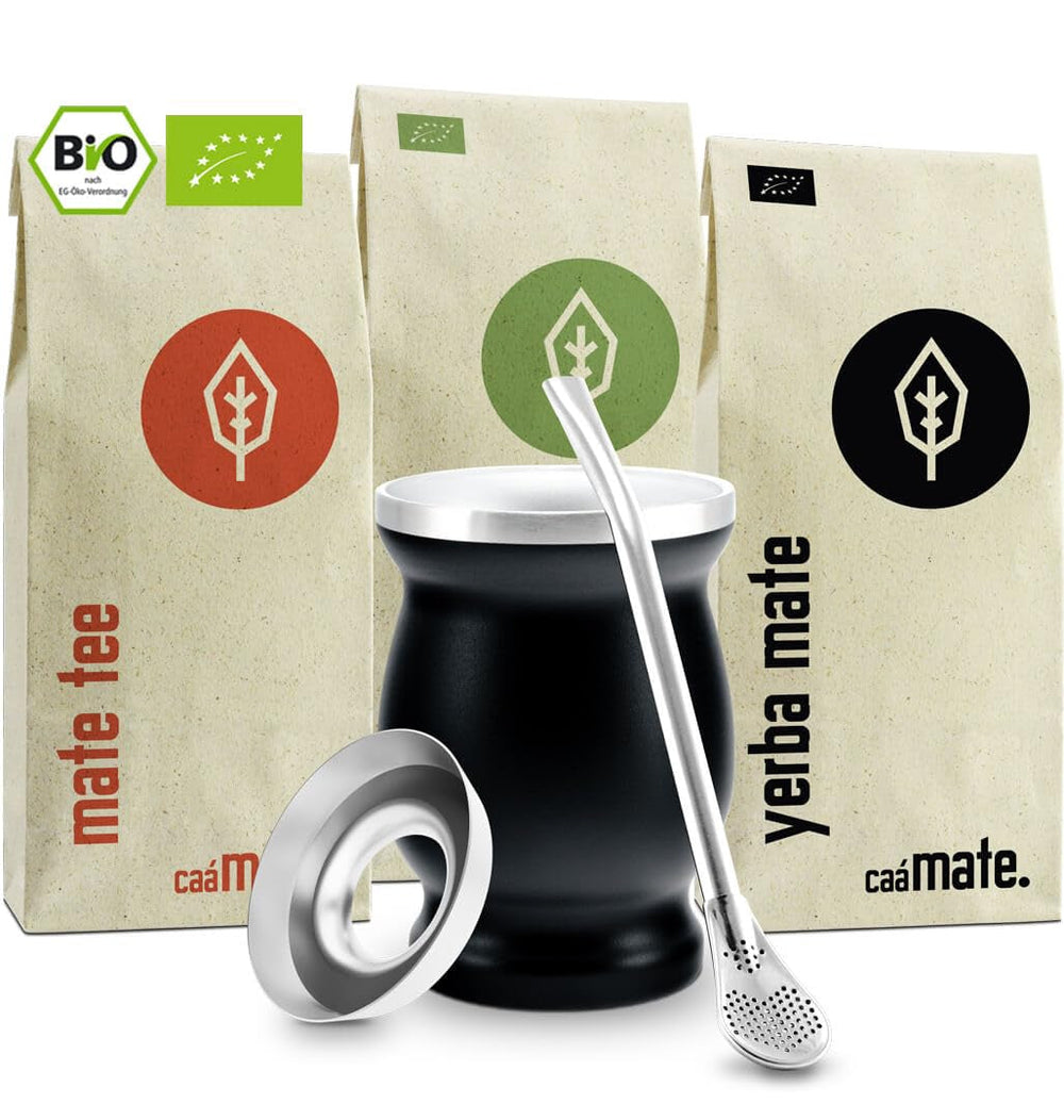 Set de ceai Mate Bio ● 3 sortimente de mate + cană Mate din oțel inoxidabil cu pereți dubli + Bombilla + instrucțiuni de preparare (negru)