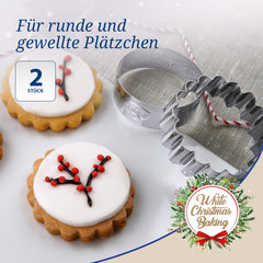Dr. Oetker Forme de biscuiți rotunde și ondulate, set de 2 piese – Forme de biscuiți, model alb de Crăciun – Forme de biscuiți din oțel inoxidabil pentru Crăciun