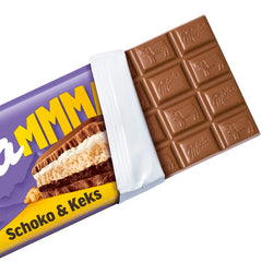 Milka Mmax Čokoláda a sušenky – Čokoláda z alpského mléka s mléčnou krémovou náplní a křupavými kousky sušenek – 300g
