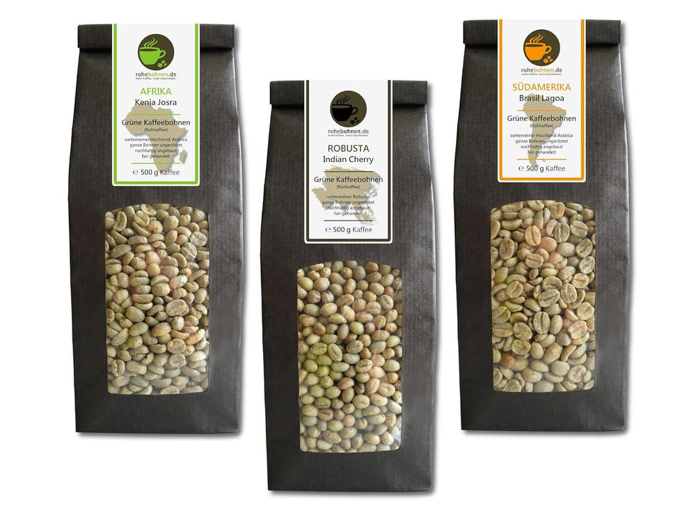Cafea crudă - Cafea verde Kenya, India, Brazilia (pachet redus boabe de cafea verde 3x500g) - certificat GMP