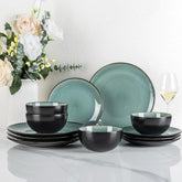 Set de veselă GBhome din gresie pentru 4 persoane, 12 piese, glazură reactivă, lucrat manual, potrivit pentru cuptorul cu microunde și mașina de spălat vase, set de bol și farfurie, culoare petrol, GDW025WB-EU