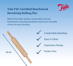 Tala Teigroller aus Buchenholz – Drehbares Nudelholz mit Griffen, glatte Oberfläche, odolný a leicht zu reinigen – Perfekt für Teig, Gebäck, Brot & Pizza – FSC-zertifiziertes Holz