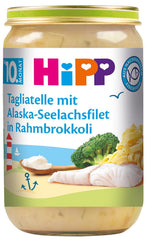 Tagliatelle HiPP cu file de Alaska Pollock în broccoli cremos (6 x 220g), meniu pentru bebeluși de la 10 luni, fără sare adăugată, cu Omega-3, cu bucăți fine – pentru învățarea mestecării
