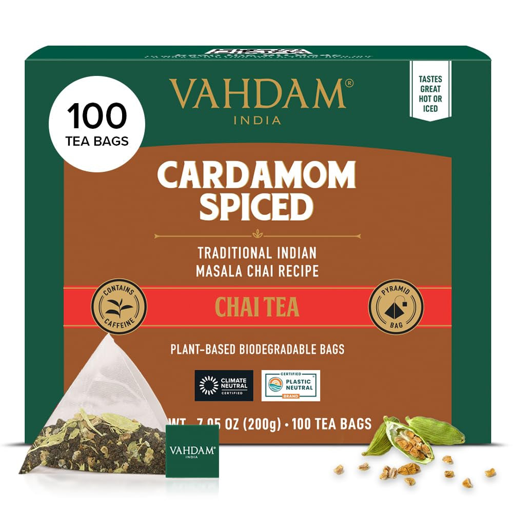 VAHDAM Ceai Chai Masala cu cardamom | 100 pliculețe piramidale | Ceai negru indian cu cardamom măcinat | Amestec original Chai cu cardamom din India | 100% natural