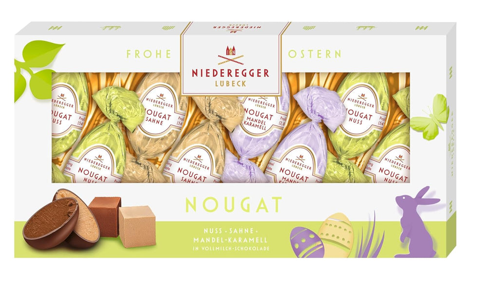 Niederegger | Nugátová vejce | 1 x 100 g | Nugátová vejce v ořeších, smetaně a karamelu s mandlemi | Polévaný v mléčné čokoládě | Velikonoční vajíčka | velikonoční dárek