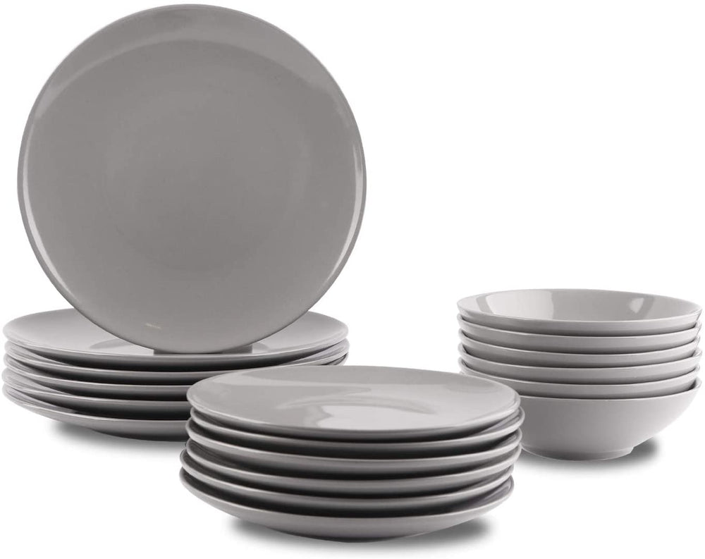 Set de veselă din gresie Amazon Basics, 18 piese, gri fumuriu, 6 porții