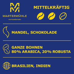 Boabe de espresso Martermühle Office Blend 1 kg, concentrație medie | Arabica/Robusta | Arome: Migdale, Ciocolată | Boabe de espresso întregi, prăjite ușor, aciditate scăzută