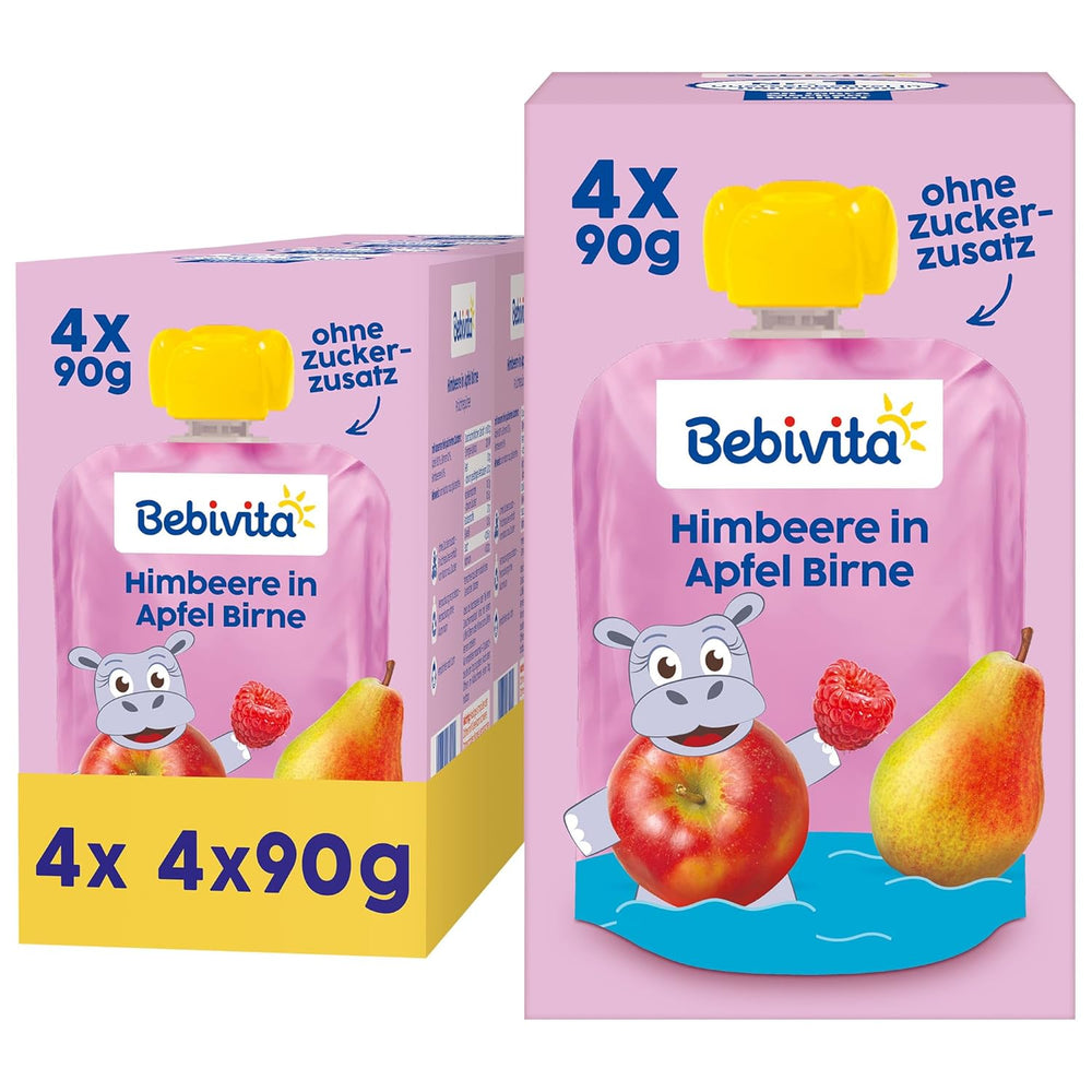 Himbeere in Apfel Birne Quetschie – 16 kusů (4er Pack, je 4 x 90 g), bez Zuckerzusatz, lepek, ideální pro svačinu a vlastní svačinu