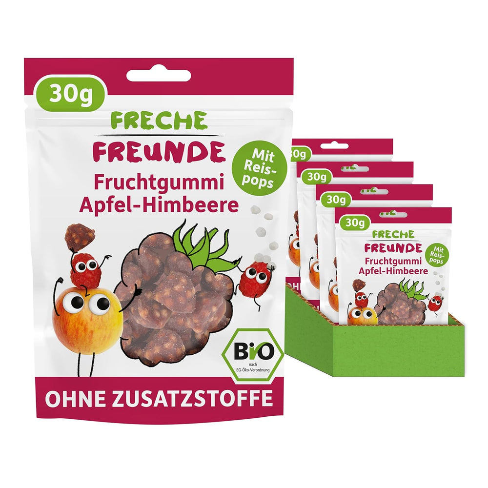 FRECHE FREUNDE Bio ovocná želé, jablka, maliny a rýžová lízátka, ovocná sladká svačina pro děti, bezlepková, veganská, balení 20 ks (20 x 30 g)