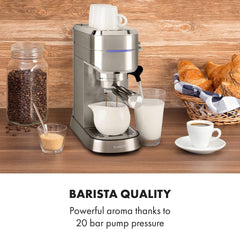 Klarstein Futura Espressor, Espressor cu Filtru Portabilă, 1450 W, 20 bar, Calitate Barista, Duză Dublă, Stop debit, Espressor cu Filtru Portabilă, Funcție de Spumare a Laptelui, Argintiu