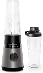 Bosch Mini-stojanový mixér Vitapower Serie 2 MMB2111S, vysokorychlostní mixér, Bis Zu 40 000 ot./min., Tritan Togo-Flasche 0,6 l, Trinkdeckel, Bruchsicher, Spülmasch.Geeignete Teile, 450W, Silberty Shopwarz Single Kitchen