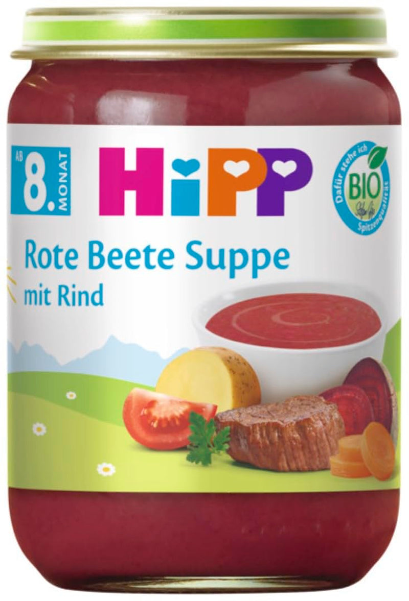 Polévka z červené řepy s hovězím HiPP Bio (6 x 190 g), od 8 měsíců, bez přidané soli, bez lepku, s Omega 3, nejlepší BIO kvalita