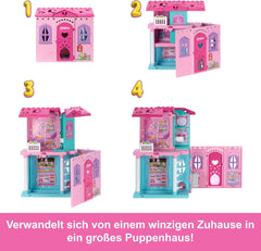 Casă de păpuși Barbie Chelsea cu peste 15 accesorii, căsuța pop-up se extinde la peste 42 x 33 cm cu 5 zone de joacă și un tobogan, cu o păpușă mică și un câine, JFW49