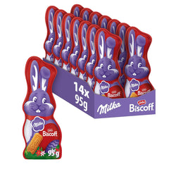 Milka Smiling Bunny Biscoff – jemný velikonoční zajíček s čokoládou a kousky sušenek Lotus Biscoff – 95g