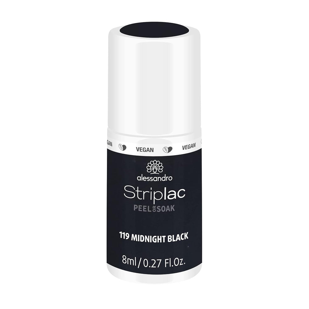 UV lak na nehty alessandro Striplac Midnight Black – Jemný a dlouhotrvající – Snadné odstranění díky odlupovací technologii – Veganský a bez krutosti – 8 ml