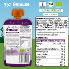 Pumpkin Organics Bio Gemüse-Getreide-Quetschie Kürbis, Birne, Apfel, Pflaume, Hafer ohne Zuckerzusatz¹ - ab 8 Monaten - als Snack nebo Beikost für unterwegs (100 g)