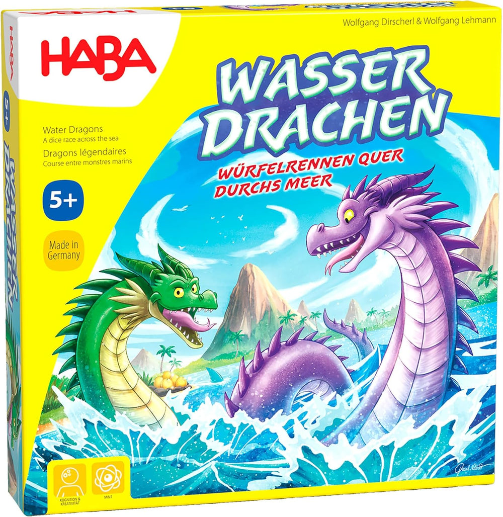 HABA Water Dragons – kostky a strategická hra pro děti 5+ – vzrušující stolní hra s draky a dřevěnými figurkami – rodinná hra pro 2–4 hráče – 1307133001