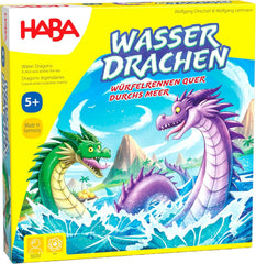 HABA Dragoni de Apă – Joc de zaruri și strategie pentru copii de la 5 ani în sus – Joc de societate captivant cu dragoni și figurine din lemn – Joc de familie pentru 2-4 jucători – 1307133001
