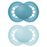 Suzete MAM Original, pachet de 2, suzete pentru bebeluși prietenoase cu dinții, fabricate din materiale sustenabile și bioregenerabile, tetine din silicon MAM SkinSoft, cu cutie pentru suzetă, 6-16 luni, albastru/albastru deschis