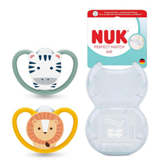 Suzete NUK Perfect Match Air pentru bebeluși | 6-18 luni | Suzete ortodontice care promovează circulația aerului și previn erupțiile cutanate cauzate de salivație | Acceptare 95% de către bebeluși** | Zebră/Leu | Pachet de 2