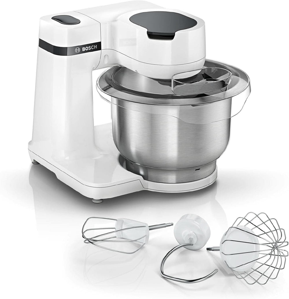 Bosch Küchenmaschine Serie 2 MUMS2EW00, Edelstahl-Schüssel 3,8 l, Planetenrührwerk, Knethaken, Schlag-, Rührbesen Edelstahl, 4 Arbeitsstufen, Durch Optionales Zubehör Erweiterbar, 700W, Weiß Kitchen