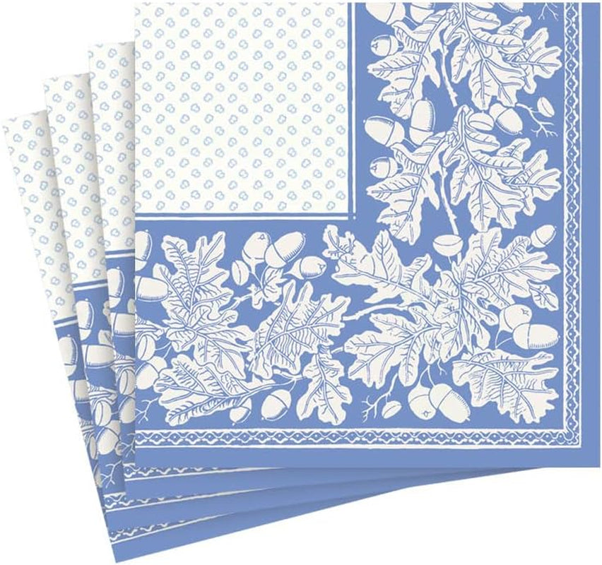 Șervețele de cocktail, frunze de stejar și ghinde, lenjerie, albastru francez și alb, 15 bucăți per pachet