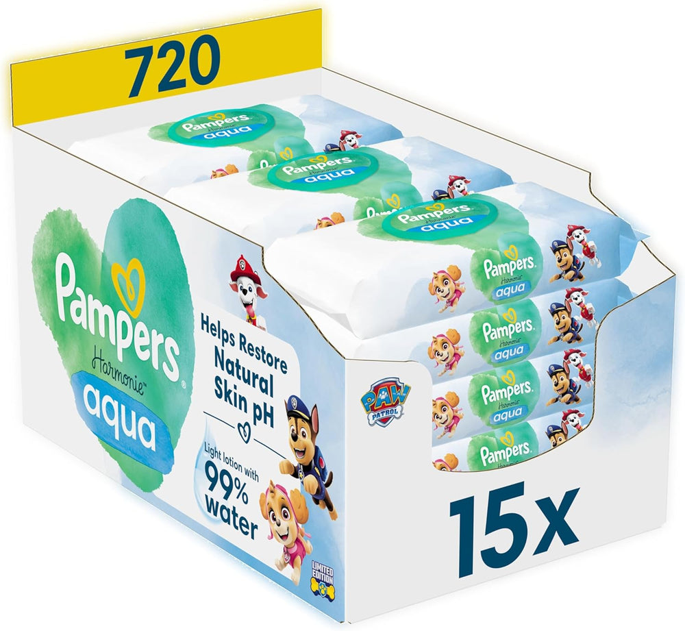Pampers Harmony Aqua dětské ubrousky Paw Patrol 15 balení 48 ubrousků 720 dětských ubrousků pomáhá obnovit přirozenou rovnováhu pH pokožky lehké mléko 99 % vody