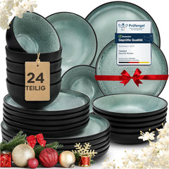 Set de veselă din gresie Twinzee, 24 de piese pentru 6 persoane - Set bol și farfurie - Veselă din gresie pentru cuptorul cu microunde - Colecția Riviera