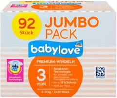 Plenky Babylove Premium Velikost 3 Midi 4-9kg, Balení 92 ks, Balení XL