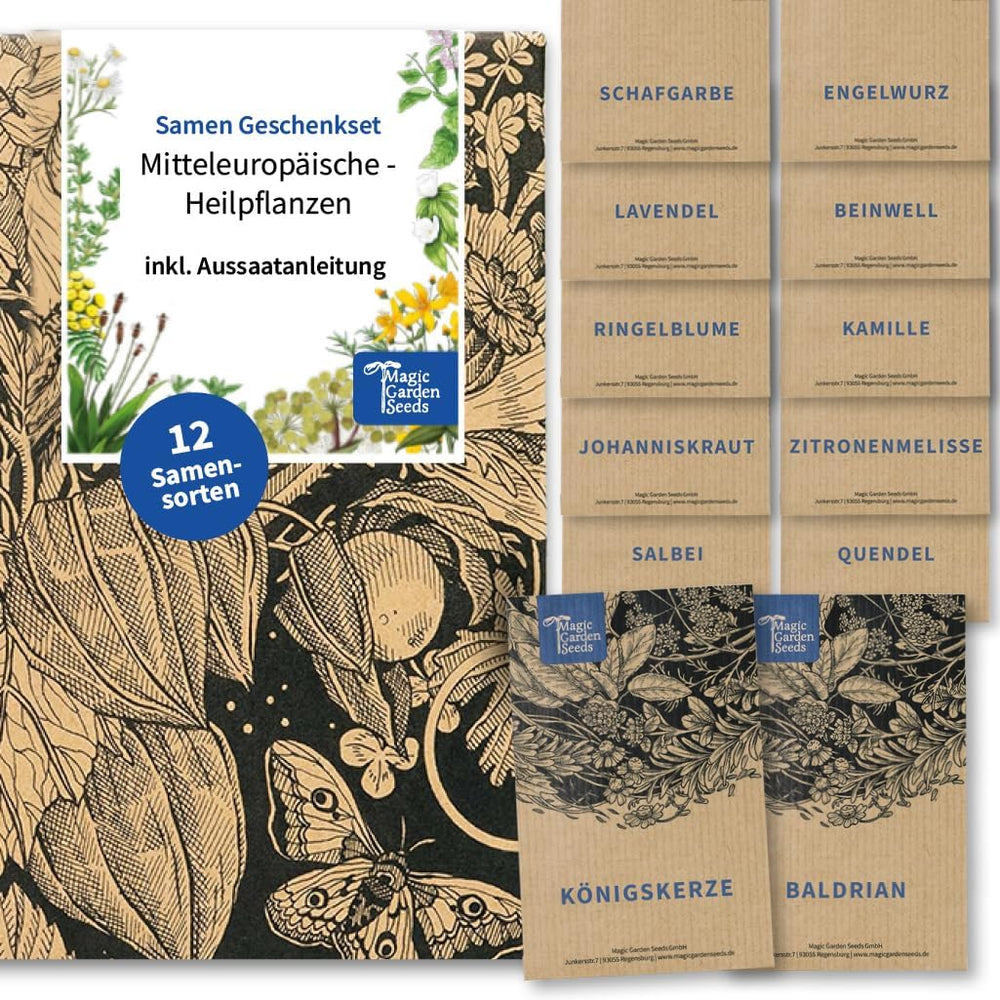 Magic Garden Seeds - Set semen středoevropských léčivých rostlin - 12 tradičních odrůd oblíbených léčivých rostlin - Heirloem Odrůdy - Zahradní doplňky - Semena rostlin - Dárek pro milovníky zahrad