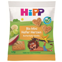 HiPP Mini sušenky ovesné vanilkové srdce (12 x 40 g), od 1 roku, bio svačina ve tvaru srdce, s vysokým obsahem cereálií a vlákniny, slazené pouze ovocem, v nejlepší bio kvalitě