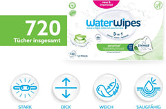 WaterWipes Sensitive+ Hydrating Boost vlhčené ubrousky, hydratační ubrousky, počet 720 (12 balení), 3 v 1 čistí, pečují, hydratují, 99% voda z Aloe Vera, neparfémované dětské ubrousky
