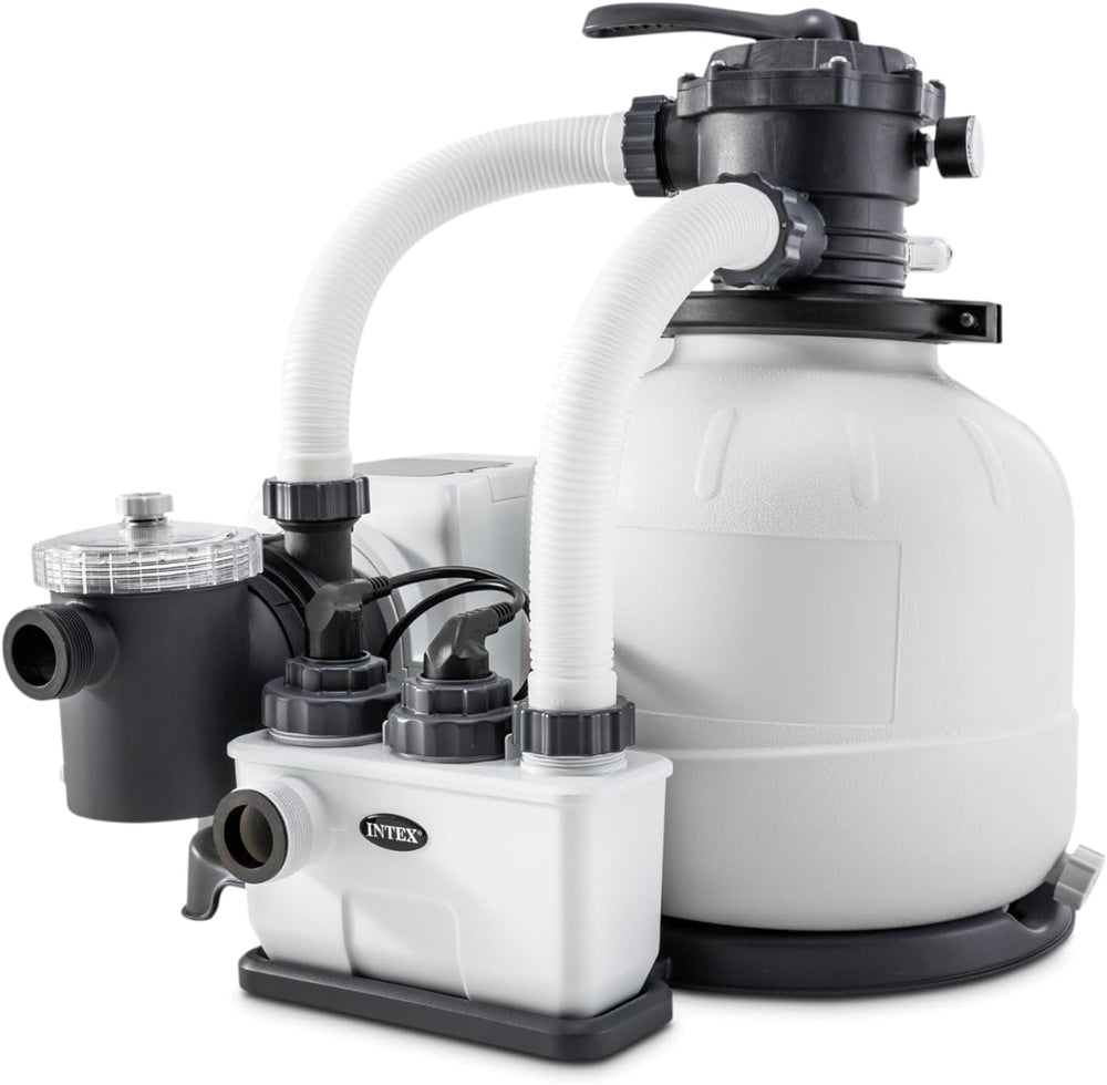 Pompă filtrantă cu nisip Intex 26676 Krystal Clear cu sistem de apă sărată, debit de apă 7900 L/h, debit sistem 6000 L/h, pentru piscine de până la 32200 L, plastic, alb