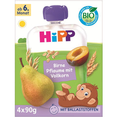 HiPP bio hruškové a švestkové sáčky, celozrnné, 16 kusů (4 balení po 4 x 90 g), pro děti od 6 měsíců, bez přidaného cukru, veganské, nejlepší bio kvalita