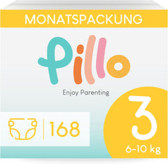 Scutece Pillo 3 - Cutie cu 168 de scutece, 6 pachete a câte 28 de scutece fiecare, mărimea 3 - Midi (6-10 kg) - Scutece pentru bebeluși
