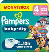 Plenky Pampers Baby-Dry Puppy Patrol Edition, velikost 4, 222 plen, 9 kg - 14 kg, až 100% ochrana proti vytečení a pohodlí po celou noc