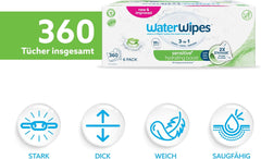 WaterWipes Sensitive+ Hydrating Boost vlhčené ubrousky, hydratační ubrousky, 360 kusů (6 balení), 3v1 čistí, pečují, hydratují, 99% voda z Aloe Vera, neparfémované dětské ubrousky