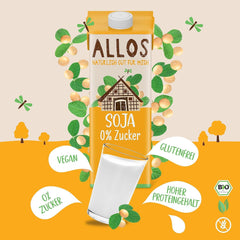 Allos Bio Sojadrink ohne Zucker | Milchalternative aus Soja | Sójový nápoj | Drink auf Pflanzenbasis | veganský nápoj | ohne zugesetzten Zucker | vegan | bez laktózy | 1 litr (6 kusů)