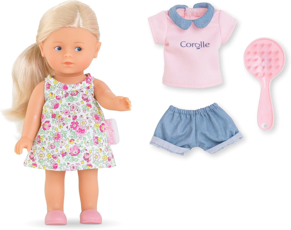Sada Les Trends Corolline Rosy Miniwelt, Vollvinylpuppe mit langem Haar, Bürste, extra Outfit v Geschenkbox, 4 kusy, Vanilleduft, 20 cm, ab 3 Jahren